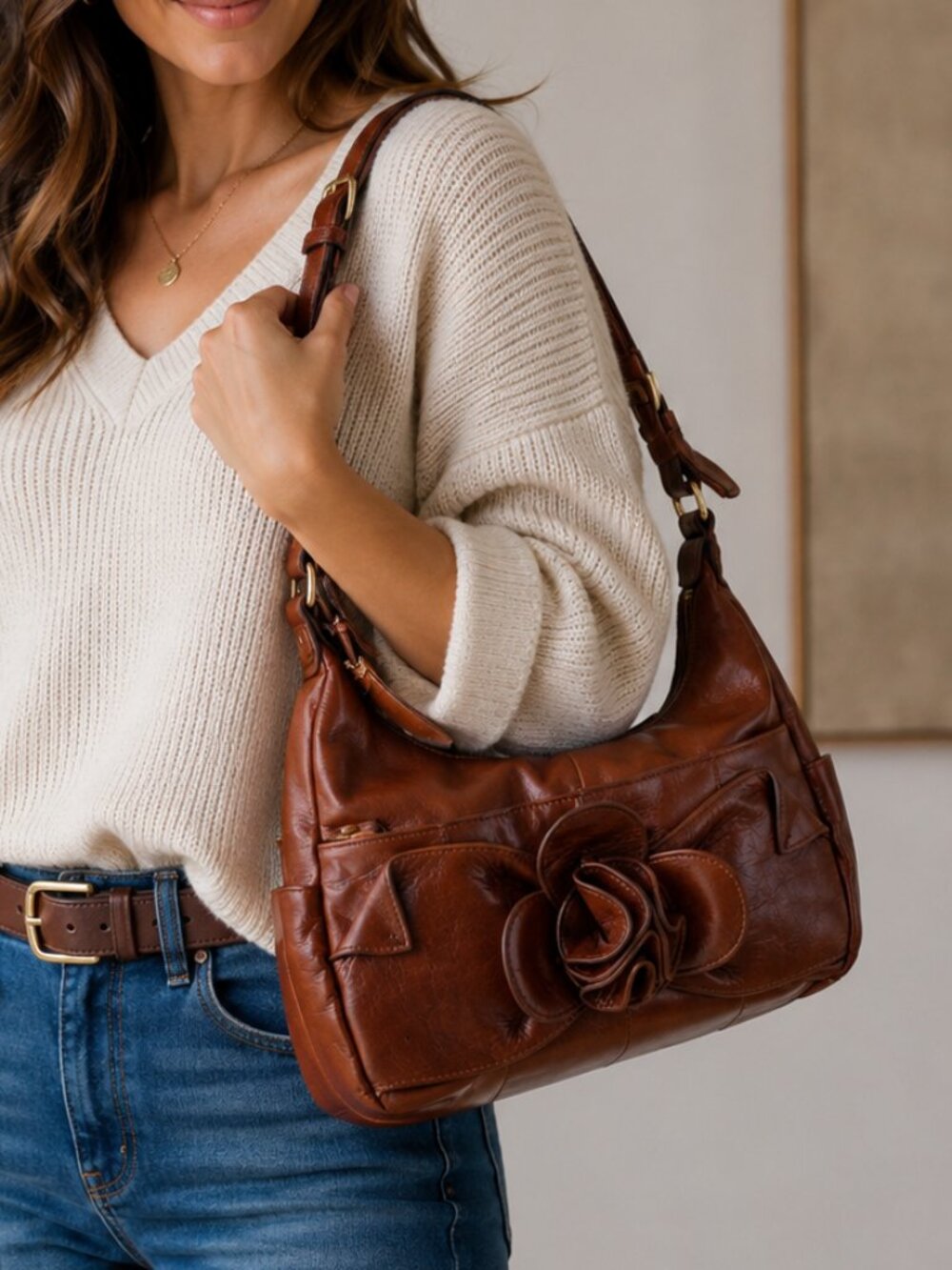 Genuine Leather 3-D Floral Handbag - Caramel